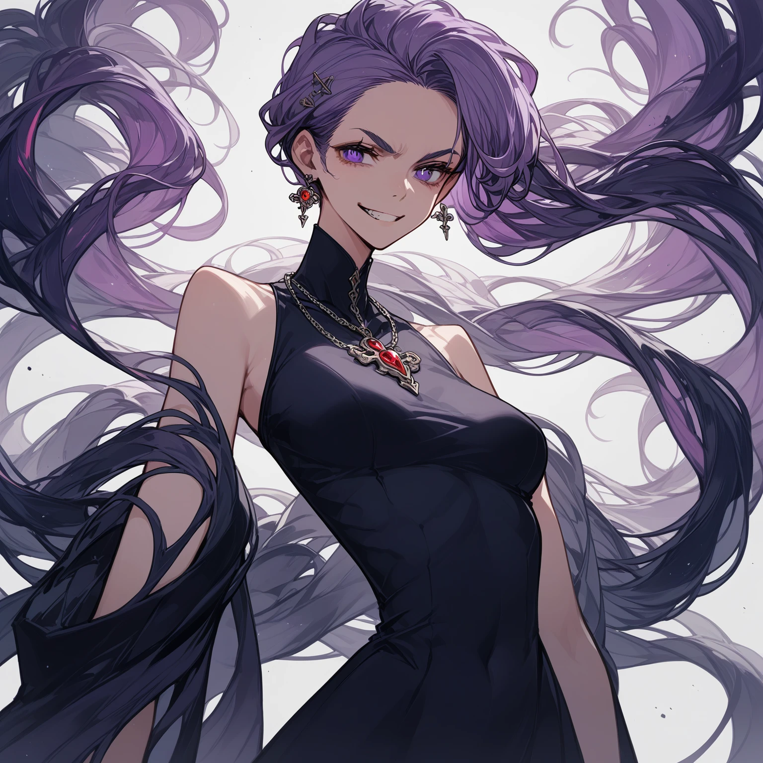 a woman with an athletic and agile physique, sharp facial features including a strong jawline and piercing eyes reflecting wisdom and intensity, long flowing hair with streaks of purple intertwined, dressed in a mix of modern and mystical attire blending dark colors with accents of purple, (nude:0.8) adorned with minimalistic yet significant accessories such as a necklace or bracelet with a small, intricate chain design. Pose her dynamically and confidently, conveying readiness for action while maintaining a natural appearance that suits her character. Express her with a conniving/scheming facial expression featuring narrowed, slanted eyes, a smirk or sly grin, and arched eyebrows. Set the scene in a dimly lit, mystical environment with wisps of energy swirling around her, hinting at her ability to manipulate souls with faint soul energies subtly depicted in the air. Illuminate softly to emphasize reflective surfaces of her attire and the glow of her eyes, overall evoking a sense of mystery and power, showcasing her as a formidable yet enigmatic woman deeply connected to the spiritual realm., detailed gorgeous face| anime style| key visual| intricate detail| highly detailed| breathtaking| vibrant| panoramic| cinematic| Carne Griffiths| Conrad Roset| gibbli 8k