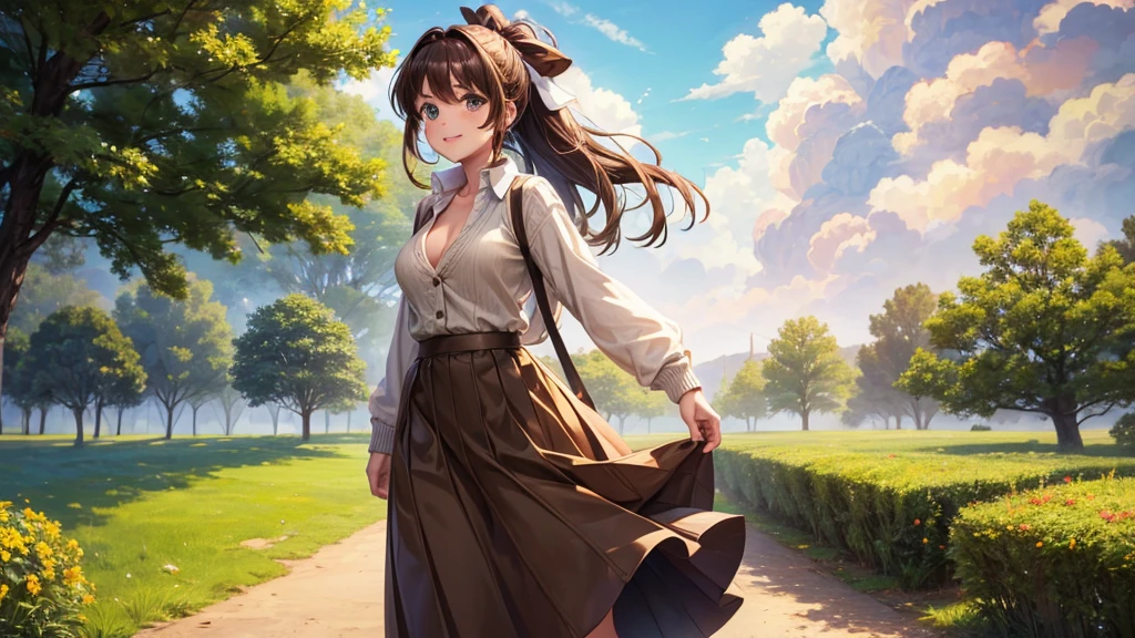 1girl, solo, full body, village, trees, sun, clouds, ((brown hair)), ponytail, large breasts, ((light brown sweater)), button down shirt, white shirt, unbuttoned shirt, green eyes, long skirt, brown boots, smile, happy, looking at the viewer, standing, hair ribbon, golden necklate