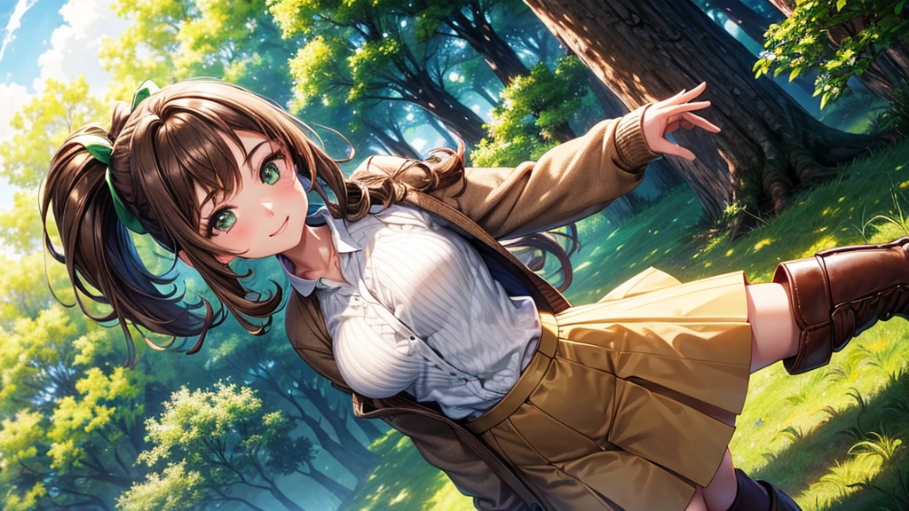 1girl, solo, full body, village, trees, sun, clouds, ((brown hair)), ponytail, large breasts, ((light brown sweater)), button down shirt, white shirt, unbuttoned shirt, green eyes, long skirt, brown boots, smile, happy, looking at the viewer, standing, hair ribbon, golden necklate