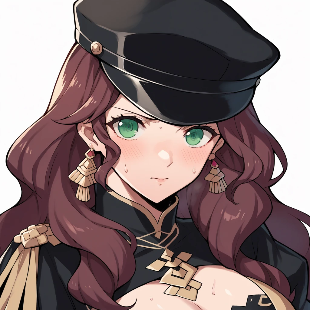 score_9, score_8_up, score_7_up, source_anime, Dorothea (Fire Emblem), bust shot, close-up, black headwear, (black long-sleeve uniform), brown hair, dangle earrings, gold trim, green eyes, jewelry, large breasts, long hair, black peaked cap, black hat, look at the viewer, aroused facial expression, closed mouth, blush, sweat