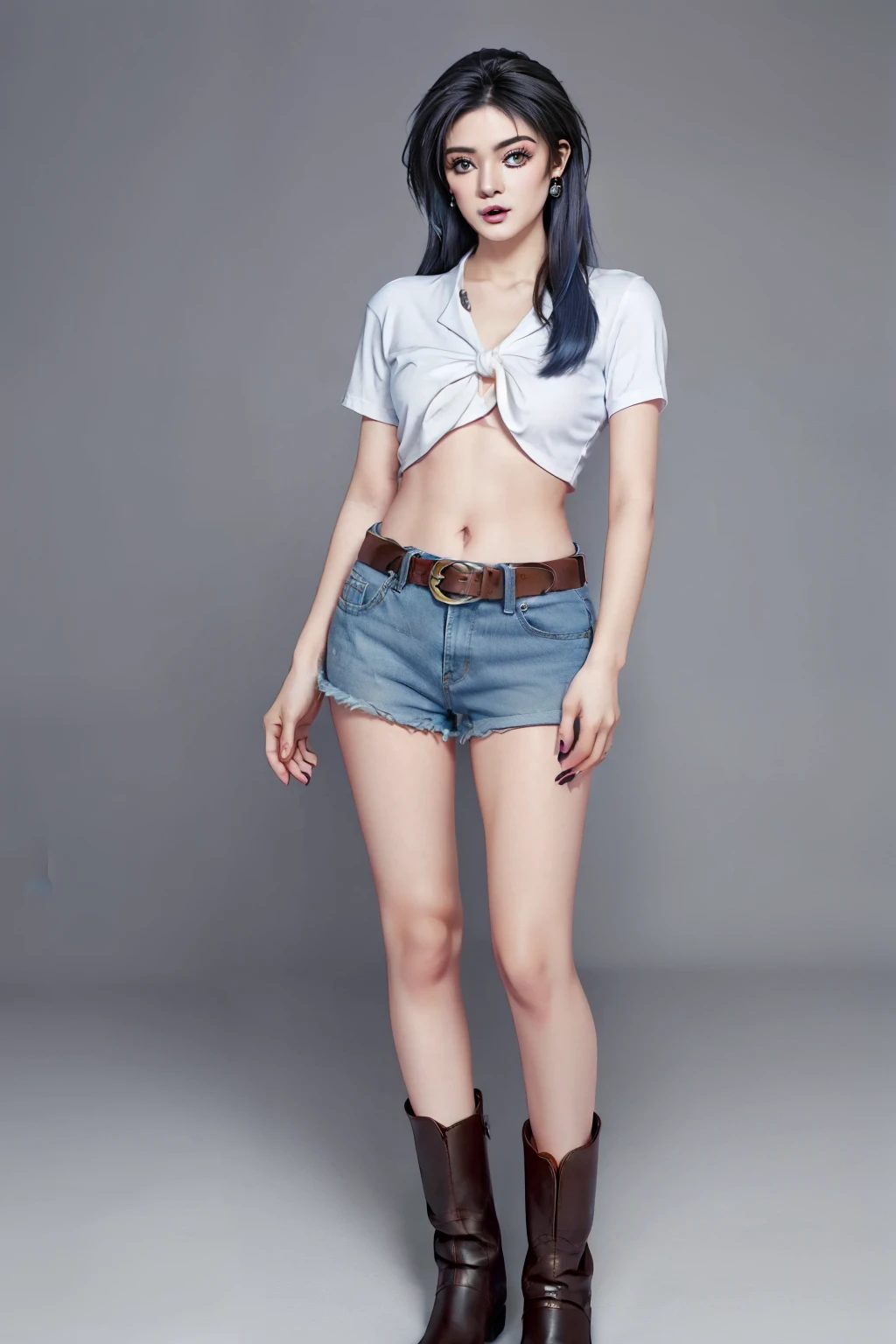 ((beauty eyebrows:1.4, large breast:1.4, beauty eyes:1.4,head out of frame:1.4,lower body:1.4,covering crotch:1.4,(((hand between legs:1.4))))),(((((tall:1.4,full body:1.4,standing:1.4,looking at downside:1.4)),((denim shorts:1.4, belt:1.4, leather ankle boots:1.4)),calf:1.4,ankle:1.4,knees together feet apart:1.4,sexy:1.4,(((((makeup:1.4,beauty face:1.4))))),belt:1.4,1girl:1.4,Mio Serizawa:1.4,blue long hair:1.2,tied shirt:1.2,earrings:1.2, navel:1.2))),((simple background:1.4)),(photo realist: 1.4), (hiper realist: 1.4), (realist: 1.3), (smoother lighting: 1.05), (Improve the quality of movie lighting: 0.9), 32K(increase the beauty of skin texture: 1.4, better quality, (beauty), (masterpiece:1.4), (Physically based rendering:1.4), (ultra high resolution:1.4), (best quality:1.4)