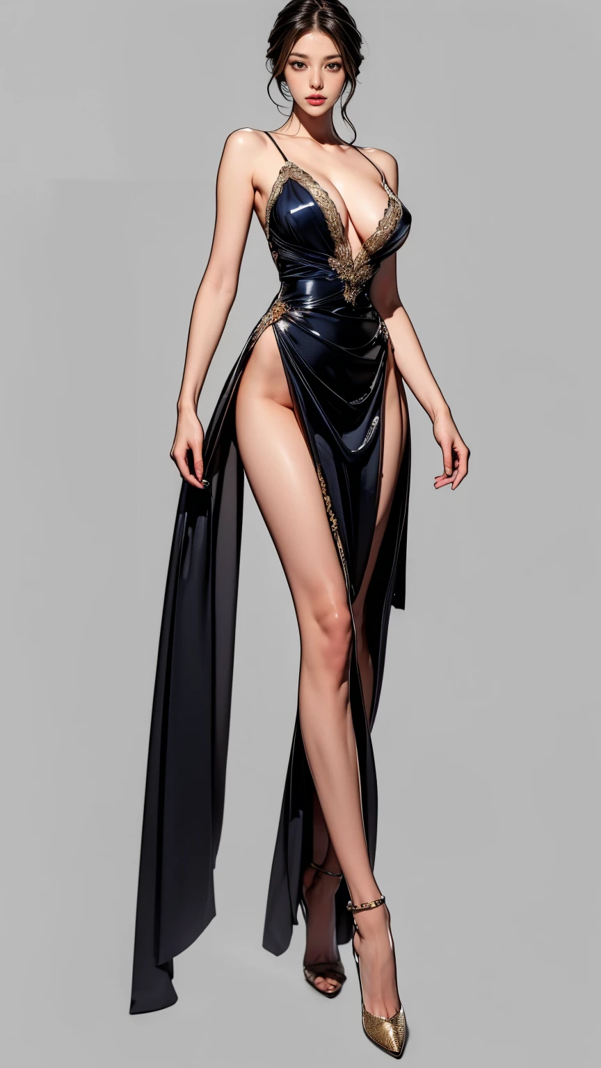 ((best quality,4k,highres,masterpiece:1.2)),((character concept art)), 1 female, French origin, age 31, brunette hair. Her presence is incredibly sexy and seductive, adding an extra layer of intrigue and danger to her overall persona. She is wearing a stunning Versace Crystal-Embellished Silk Gown, adorned with crystals, featuring a fitted silhouette, a deep V-neckline, and a high leg slit. The luxurious silk gown embodies Versace's signature dramatic style, perfect for an evening event. She is also wearing a pair of Christian Louboutin high heels, adding to her allure. ((intricate detail)), super finely detailed hands, ultra finely detailed fingers(((ten fingers))), (standing seductively), (full body showcase), (show full body), (no logos on background), (no logo), ((plain background)), ((plain background)), (((empty background))).