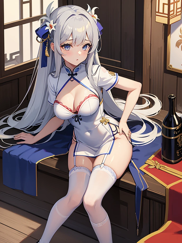 masterpiece, Highest quality, One girl, Famous (Maiden lily brilliance) (Azur Lane), Gray Hair, Very long hair, blue eyes, hair ornaments, chest, chestの谷間, China dress, Chinese clothing, Official Alternative Costumes, White knee socks, Garter Straps, Short sleeve, Chinese commentary, lanthanum,
