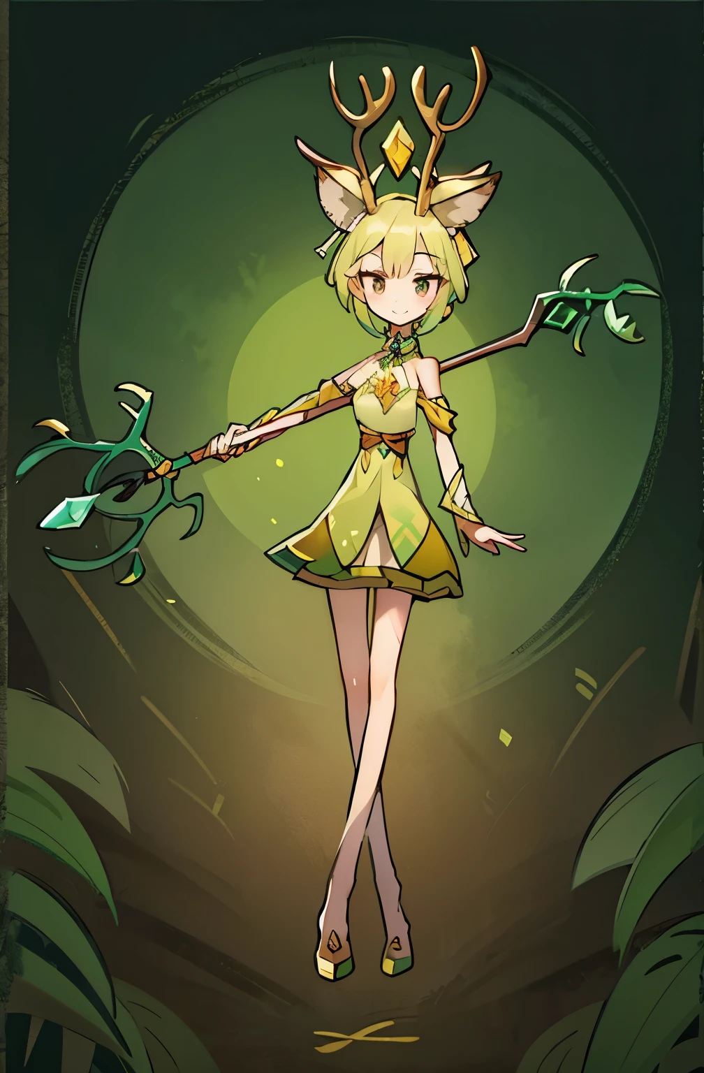Short skirt,Hair intake,Druid Girl,Short skirt,antlers,Holding a staff,Gradient white silk,Grinning,green,gem💎,Off-shoulder,forest,life,Deer ears,Neck strap,Gold decoration