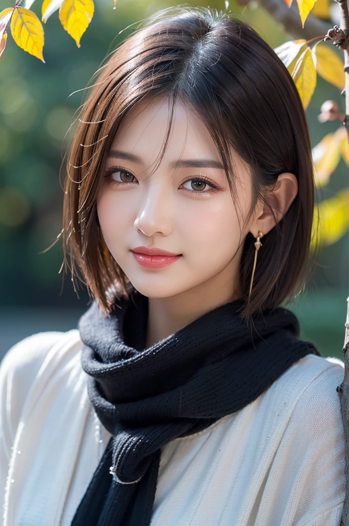 (RAW Photos), (((Overall image)))、35age、Thick black sweater、White scarf around neck、Long thin earrings、Round eyes、Cheek on ear、correct、make、smile、Biting the lower lip、(((Close one eye and wink)))、Soft lips、誘惑的なsmile、Sparkle、Darker lipstick、Cheek on nose、(Autumn leaves)、((Watery eyes))、Asymmetrical Hair、Real Skin、Blonde Hair、Very realistic,Gray Hair、Messy Hair、Hair behind the ear、Floating Hair、short hair、Boyish Hair、Blunt bangs、Drop Shadow、Hyperrealism、Contemporary Art、shine、reflected light、Nikon、Ultra Wide Angle、16K、Super detailed、最high quality、uhd、Anatomically correct、Awards、最high quality、Ultra high detail、high quality、High resolution、Textured skin、correct、masterpiece、