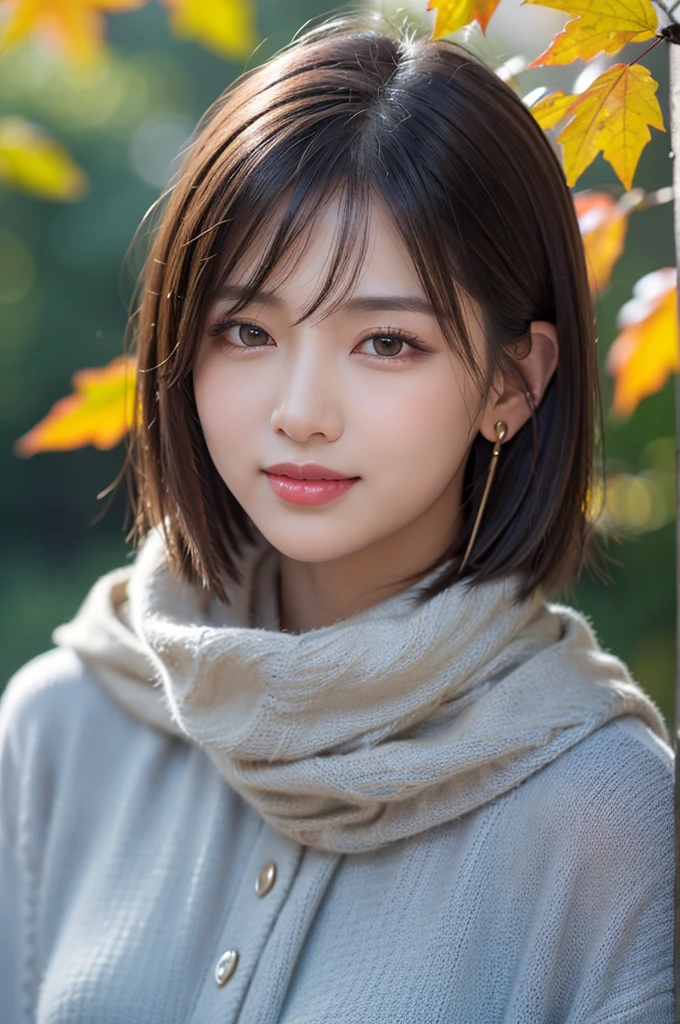 (RAW Photos), (((Overall image)))、３５age、Thick black sweater、White scarf around neck、Long thin earrings、Round eyes、Cheek on ear、correct、make、smile、Biting the lower lip、（((Close one eye and wink)))、Soft lips、誘惑的なsmile、Sparkle、Darker lipstick、Cheek on nose、(Autumn leaves)、((Watery eyes))、Asymmetrical Hair、Real Skin、Blonde Hair、Very realistic,Gray Hair、Messy Hair、Hair behind the ear、Floating Hair、short hair、Boyish Hair、Blunt bangs、Drop Shadow、Hyperrealism、Contemporary Art、shine、reflected light、Nikon、Ultra Wide Angle、16K、Super detailed、最high quality、uhd、Anatomically correct、Awards、最high quality、Ultra high detail、high quality、High resolution、Textured skin、correct、masterpiece、