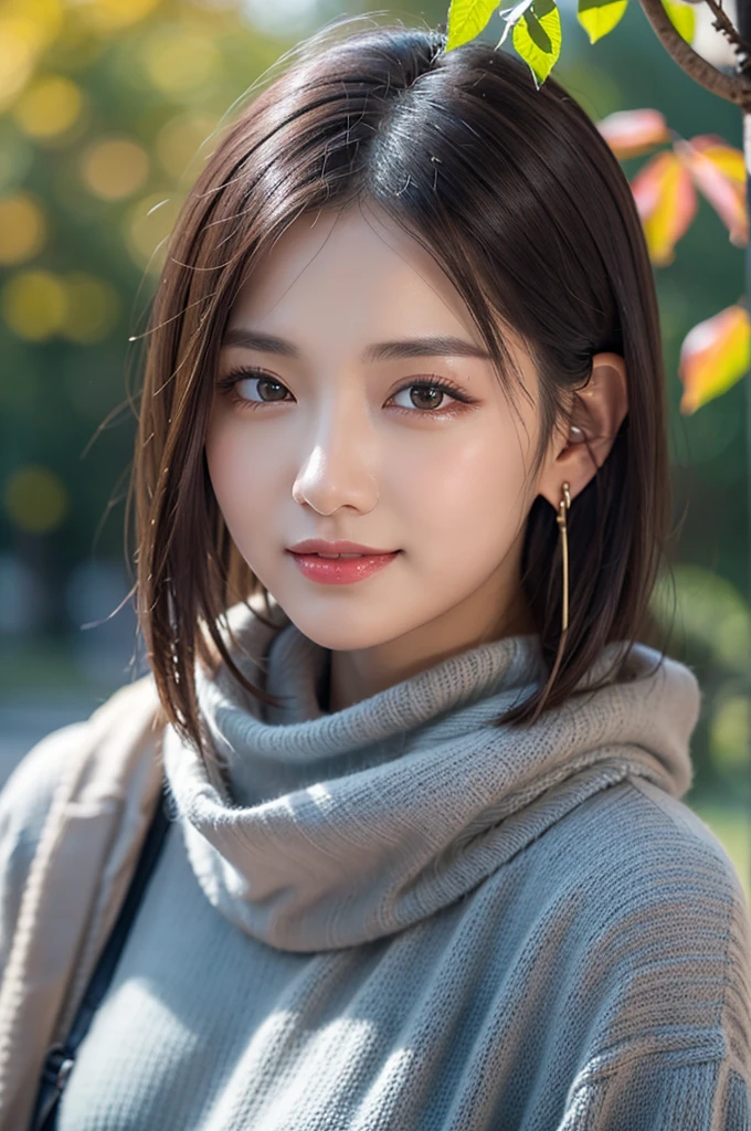 (RAW Photos), (((Overall image)))、35age、Thick black sweater、White scarf around neck、Long thin earrings、Round eyes、Cheek on ear、correct、make、smile、Biting the lower lip、(((Close one eye and wink)))、Soft lips、誘惑的なsmile、Sparkle、Darker lipstick、Cheek on nose、(Autumn leaves)、((Watery eyes))、Asymmetrical Hair、Real Skin、Blonde Hair、Very realistic,Gray Hair、Messy Hair、Hair behind the ear、Floating Hair、short hair、Boyish Hair、Blunt bangs、Drop Shadow、Hyperrealism、Contemporary Art、shine、reflected light、Nikon、Ultra Wide Angle、16K、Super detailed、最high quality、uhd、Anatomically correct、Awards、最high quality、Ultra high detail、high quality、High resolution、Textured skin、correct、masterpiece、
