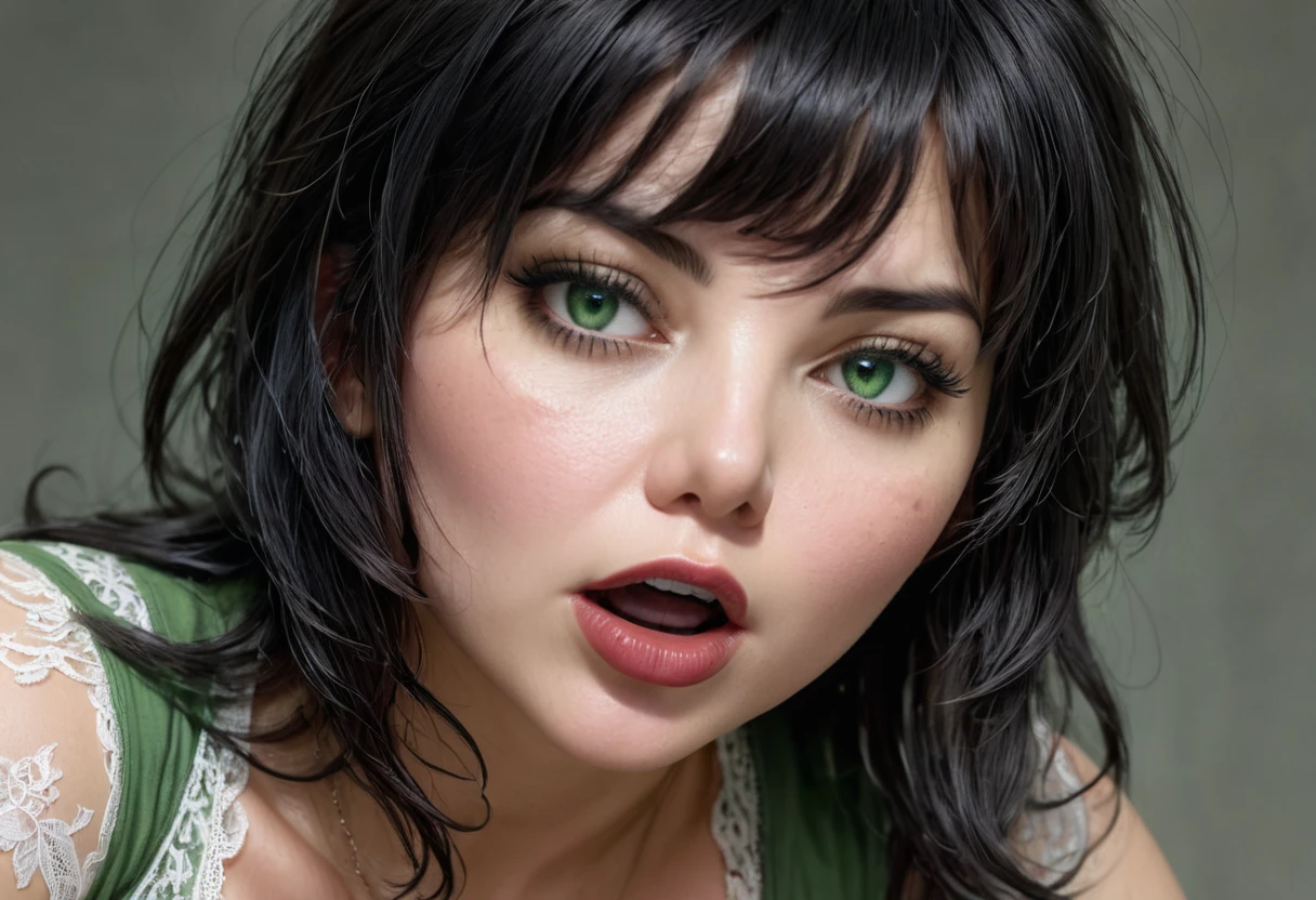 (Masterpiece, Best Quality, Photorealistic: 1.3), 1 girl, Beautiful eye details, Beautiful lips details, MATURE, tshirt, open mouth, plump, white skin, PUNK shirt, seductive, ((bangs hair, Green lipstick, lace gray SHIRT: 1.3)), squatting cowgirl, (sensual, when moaning: 1.3), messy black hair, sweaty body, upper body shot, put your hands on your WAIST, FULL MEDIUM SHOOT, solo focus , depth of field, volumetric lighting, perfect view, (dynamic pose:1.2), (from BELOW:1.2), best quality, photo realistic, masterpiece, facial expressions, SHOCKED expression, high resolution