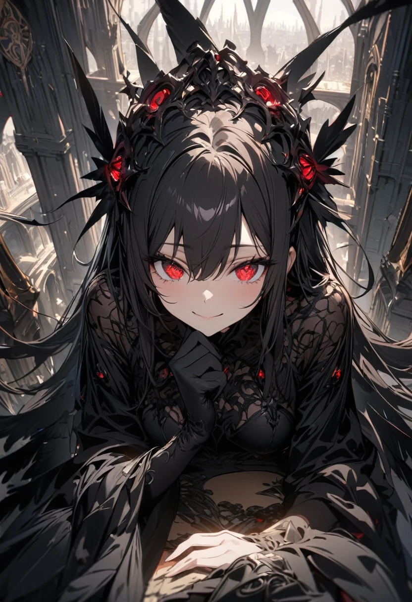 concept is A girl's fallen angel,wearing black clothes and has black wings,red eyes,She lies face down on the top floor of the tower and puts her hands on her chin and looks down at the lower world.An invincile smile,(((masterpiece))), (((best quality))), ((ultra-detailed)), (illustration), (detailed light),((an extremely delicate and beautiful)),(beautiful detailed eyes),Darkness