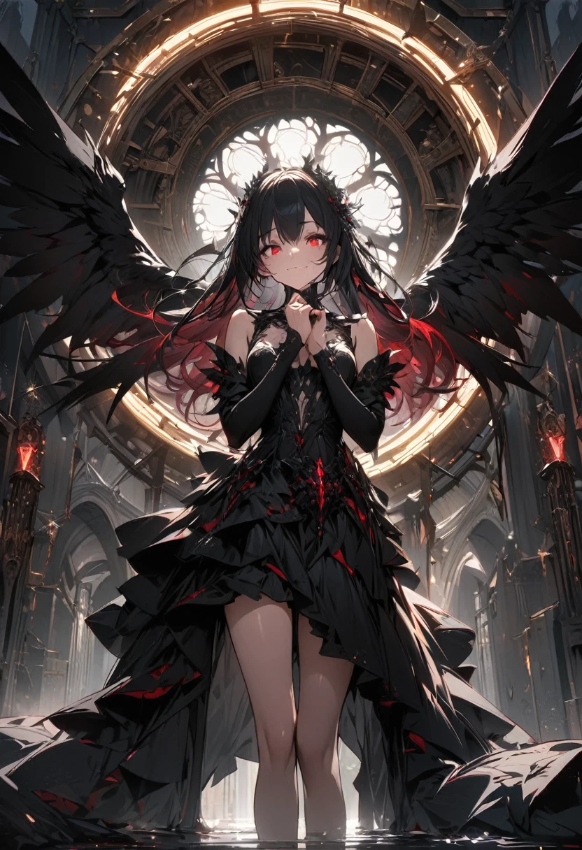 concept is A girl's fallen angel,wearing black clothes and has black wings,red eyes,She lies face down on the top floor of the tower and puts her hands on her chin and looks down at the lower world.An invincile smile,(((masterpiece))), (((best quality))), ((ultra-detailed)), (illustration), (detailed light),((an extremely delicate and beautiful)),(beautiful detailed eyes),Darkness