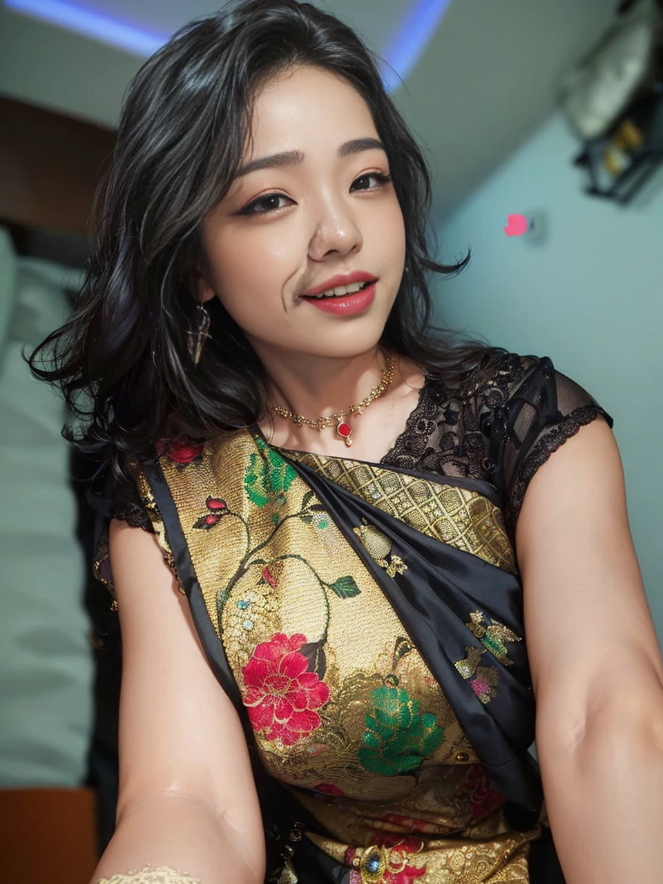 Korean female teacher,Being in a hotel,(Lying on her back in bed:1.2),(legs are open:1.5),seen from the front
(((tmasterpiece))), ((best qualtiy)), ((intricately details)), ((ultra-realistic realism)), Ridiculous res, A MILF, Mature woman, ssee-through, highly detailed, illustratio, 1. Mature women, ((Large breasts)), (areola of breast),perfect hand, detailed finger, Beautiful detailed eyes,Wavy curly hair,with brown eye, name badge, vd, (Teacher's Uniform:1.2), Translucent white shirt,Get wet,(The shirt buttons were unbuttoned,no brassiere,Breasts leaking out of clothing),Black pencil skirt, (Black tights:1.1), 耳Nipple Ring, detailedbackground, Bedrooms, perfect eyes, Seductive eye,Cocked buttocks,Reddened face,(weeping:1.2),(Confused eyes,The mouth opened slightly) make Bigg chest and short dress