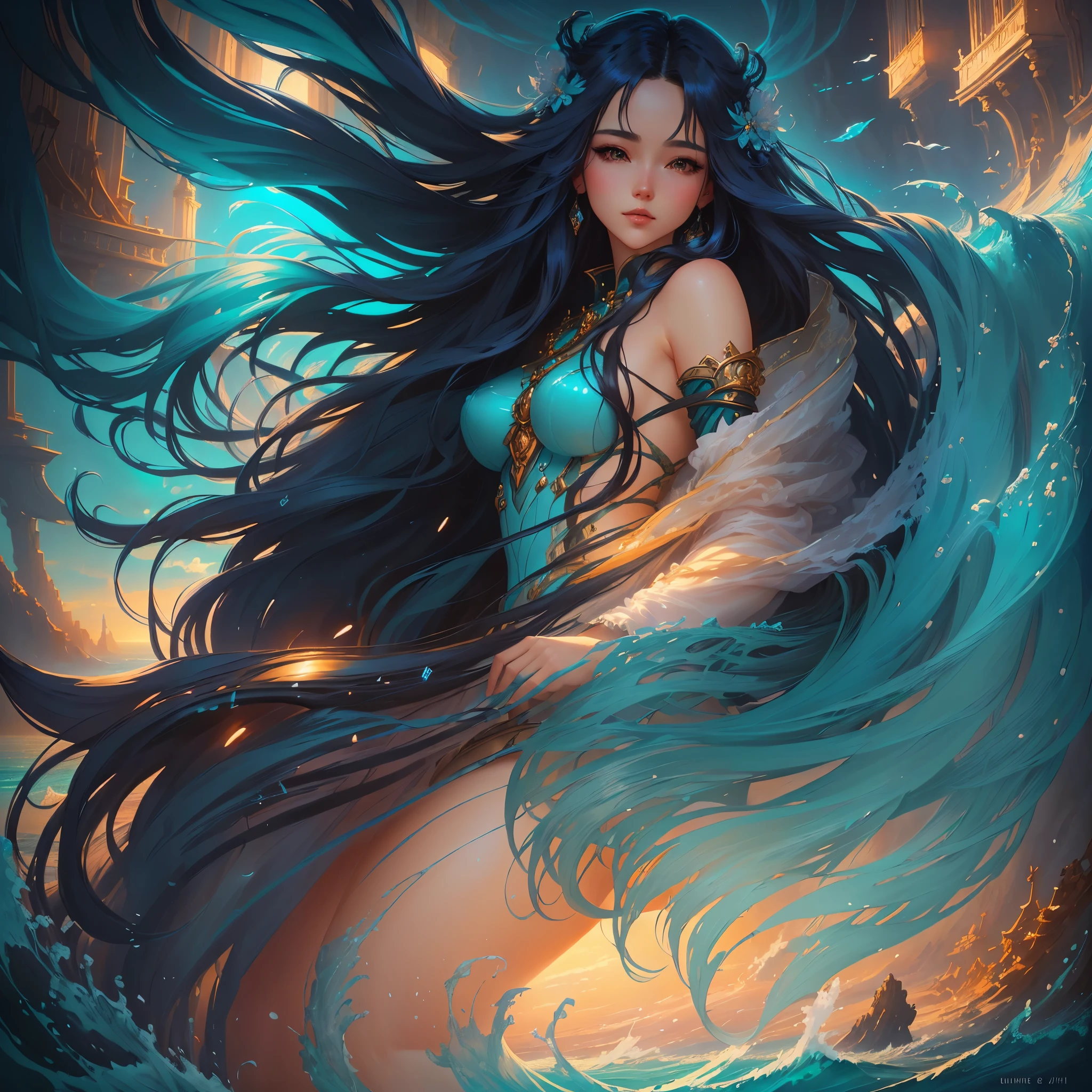 a painting of a woman with long hair, enchanting sea, mythical ocean, dreamlike home, beautiful fantasy art portrait, alice x. zhang, beautiful art uhd 4 k, digital fantasy portrait, dreamlike digital painting, artgerm julie bell beeple, a beautiful artwork illustration