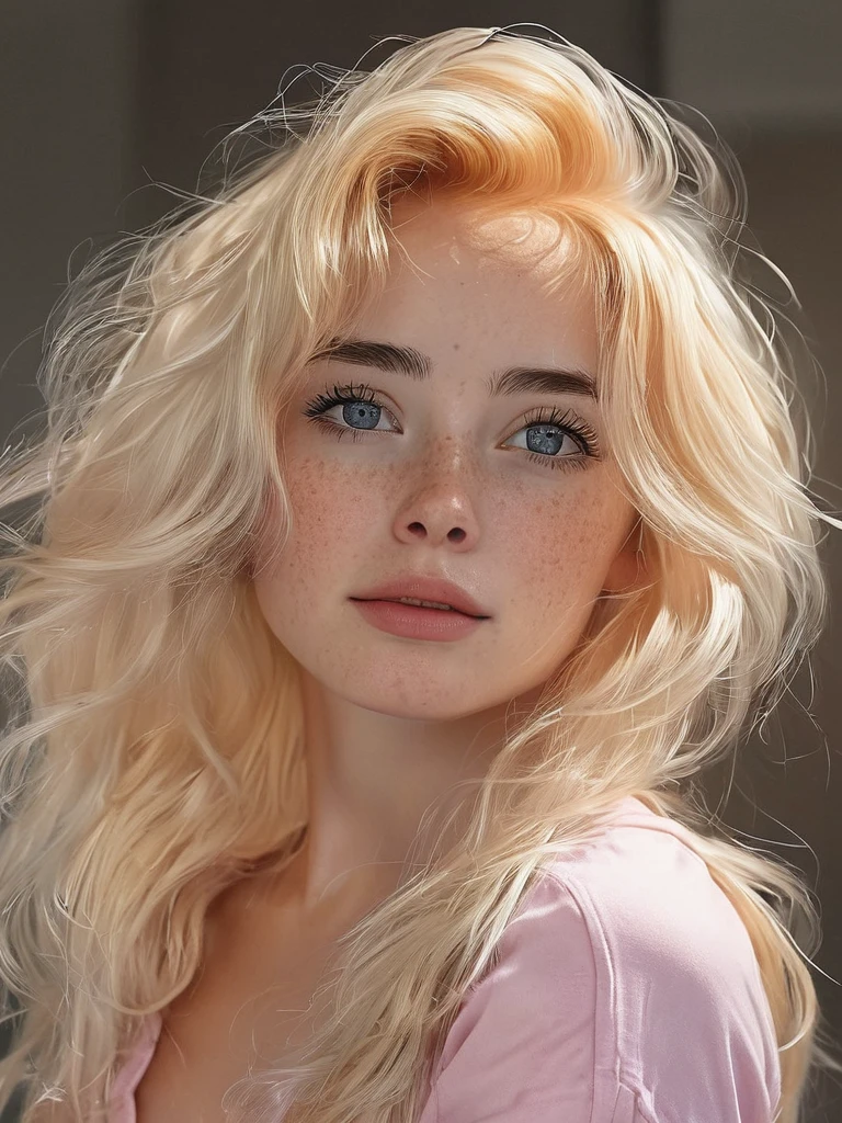 Dynamic Vision Close-up of 1 albino woman with freckles, extremely thin and sensual, blonde hair ((curly)) slightly messy (over the eyes), with large and highly detailed light blue eyes, large and curved eyelashes, making a sensual pout with her mouth , extremely beautiful, with exuberant beauty, perfect symmetry, perfect body, detailed skin with quality and depth, she is wearing an oversized navy blue baltimore rinno force football shirt, ultra-realistic image, perfect symmetry, vibrant and clear, dynamic vision, high level of detail and definition, 1200 PPI – Photographic resolution with greater central realism, hyper-realistic and high-fidelity cinematic 4K UHD image resolution.