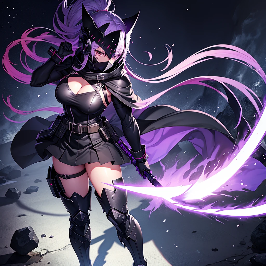 Digital Anime Art, HD, Female, face covered by shadows, muscular, black helm, black heavy combat uniform, combat boots, holding an purple energy sword, standing in a sci fi nightclub