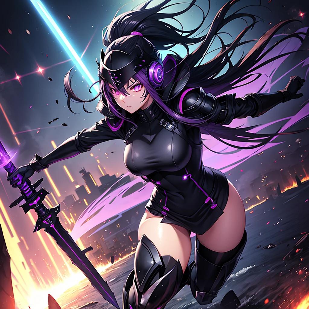 Busty Elf, dark blue skin, lilac amethyst eyes, black hair with blue inside straight long side bangs, rogue assassin soldier outfit with deep neckline, neon pink clothing colors, alternative style, open smirk