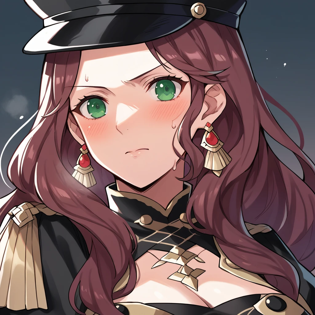 score_9, score_8_up, score_7_up, source_anime, Dorothea (Fire Emblem), bust shot, close-up, black headwear, (black long-sleeve uniform), brown hair, dangle earrings, gold trim, green eyes, jewelry, large breasts, long hair, black peaked cap, black hat, look at the viewer, aroused facial expression, closed mouth, blush, sweat