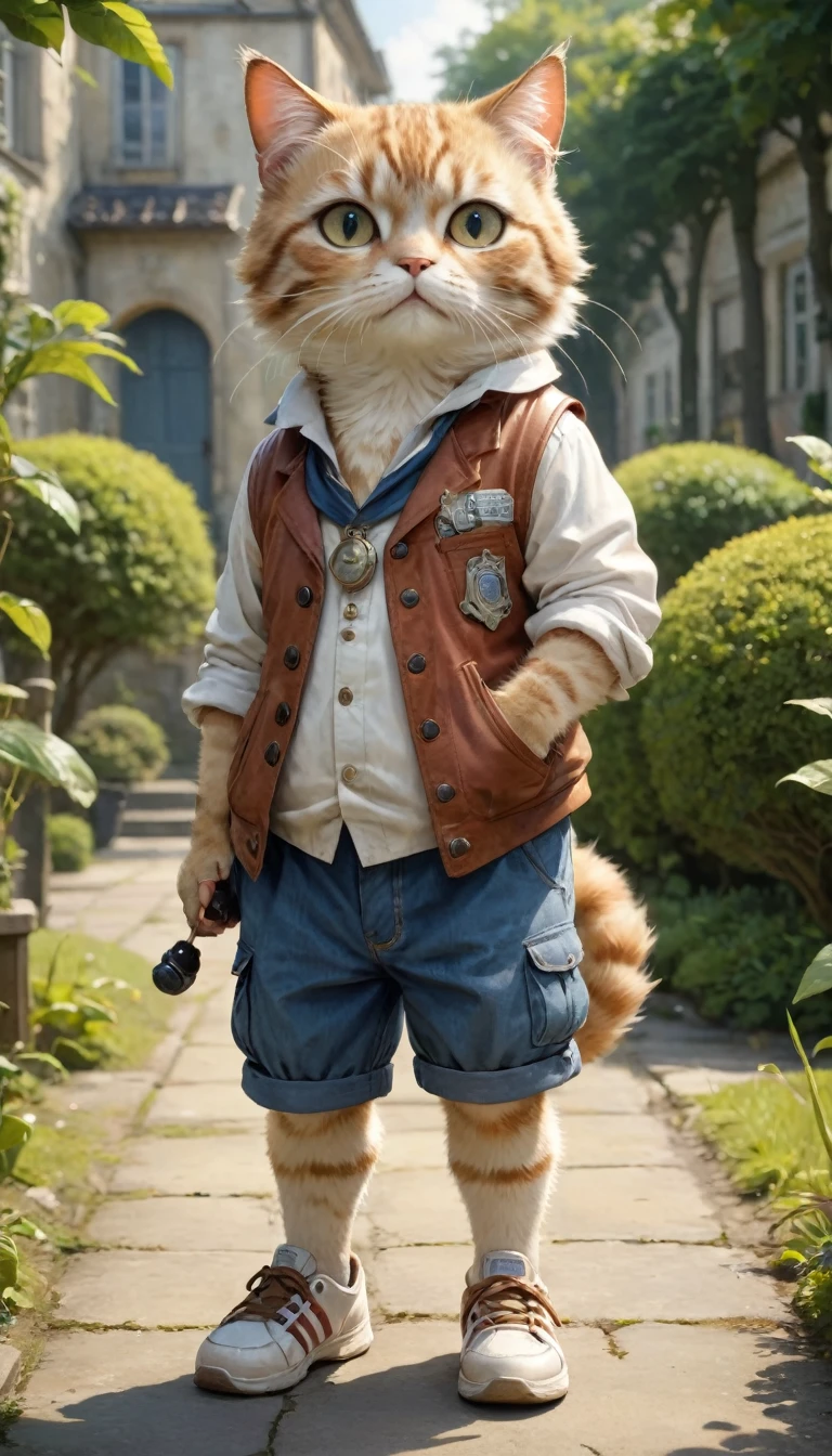 small, かわいいto be bornき物, Wearing trainers and shorts、sneakers、 whole body,small , Are standing, Costume, School grounds、 Fantasy art, Exquisite detail, Jean-Baptiste Monge Style, office、Alan Lee Style, Anthropomorphic, Fat, Big-eyed American Curl cat, Movie Scenes, Dramatic shot angles, , Realistic, to be born々Stunning cinematic photorealism, Action Portrait, 8k, detailed, Full Frame