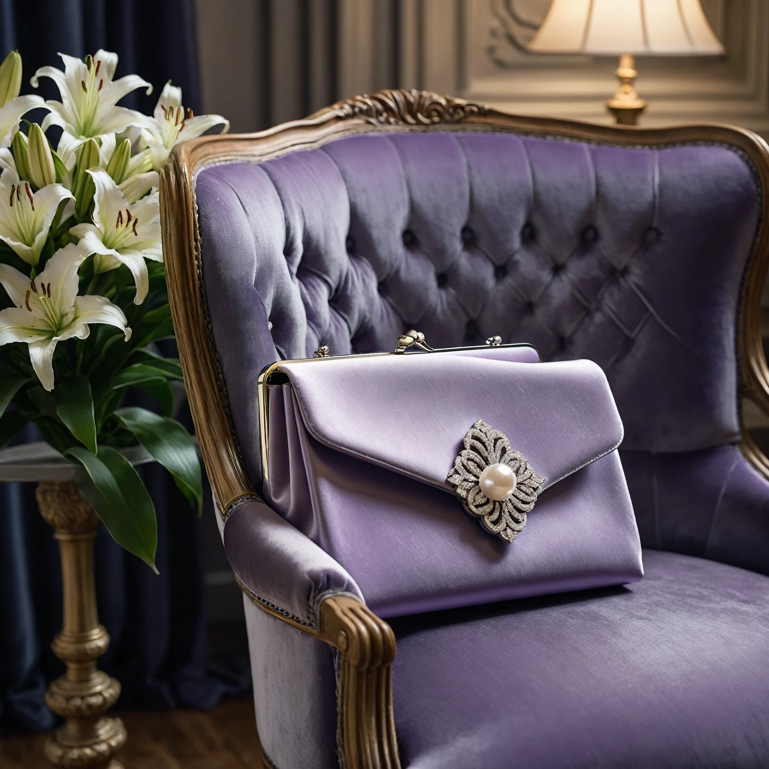 a captivating scene in a cinematic, 4K, realistic, and detailed style. Capture a beautiful clutch bag crafted from soft satin in a delicate shade of lavender, resting regally on a luxurious armchair upholstered in plush velvet. A single, elegant pearl adorns the clasp, adding a subtle touch of sophistication. Beside the clutch, a fragrant bouquet of lilies spills its petals onto the chair, hinting at a floral symphony. Blur the background to reveal a romantic silhouette of a couple walking hand-in-hand through a moonlit garden, bathed in the soft glow of the night. This image evokes a sense of timeless elegance, subtle luxury, and the promise of a captivating evening filled with romance and unforgettable memories.