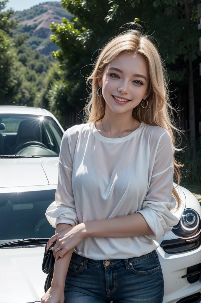 A blonde woman, similar to Elainne Goldives, is driving a black Porsche on an open road. Her expression is one of pure happiness and freedom. His face is lit up by a radiant smile, with eyes shining with joy. The wind is blowing through your blonde hair, making them float and move haphazardly around your face.

She is dressed casually and elegantly, with a white blouse made of light fabric that moves gently in the wind and dark jeans. Its accessories are discreet, mas elegantes: small silver earrings and a sophisticated wristwatch.

The car, a shiny black Porsche, is a symbol of luxury and performance. The car&#39;s sleek, aerodynamic lines reflect sunlight, highlighting its sporty design. The red leather seats contrast beautifully with the car&#39;s black exterior, adding a touch of sophistication and style to the interior. The steering wheel and instrument panel are modern and high-tech, with brushed metal details and impeccable finish.

The road she&#39;s driving on is an open highway, surrounded by stunning landscape. On one side, there are majestic mountains and on the other, a vast green field. The sky is blue and clear, with just a few scattered white clouds. The sunlight bathes the scene, creating a warm and pleasant environment.

Ao fundo, we see the road extend infinitely, suggesting a sense of adventure and freedom. The image captures a moment of pure happiness and fulfillment, where the woman is enjoying the present moment, worry-free and full of joy.

The scene conveys a strong feeling of freedom, luxury and pleasure, capturing the happy moment of someone who is enjoying an exciting and rewarding experience.