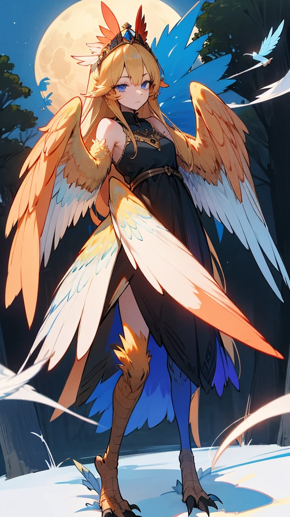 1 girl,alone,Harpyie, standing,blond hair,weave, blue eyes, Long hair,red feathers,blue feathers, Wing arms,bird legs, Short black dress,tiara, sexly, woods, moonlight