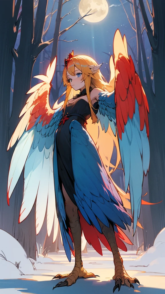 1 girl,alone,Harpyie, standing,blond hair,weave, blue eyes, Long hair,red feathers,blue feathers, Wing arms,bird legs, Short black dress,tiara, sexly, woods, moonlight