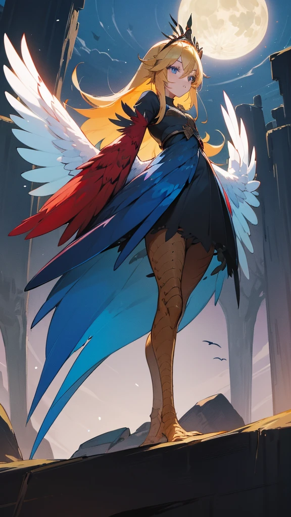 1 girl,alone,Harpyie, standing,blond hair,weave, blue eyes, Long hair,red feathers,blue feathers, Wing arms,bird legs, Short black dress,tiara, sexly, woods, moonlight