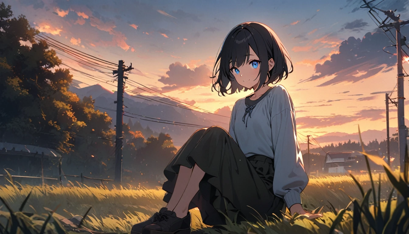 solo,1girl, solo, gentle smile on her face flat chest, short hair, black hair, blue eyes, (detailed eyes), looking at viewer ,outdoors, grass, sky, scenery, cloud, solo, sitting, power lines, tree, sunset, utility pole, skirt, shoes, cloudy sky, long sleeves, blue sky, fence, wide shot, day, young adult woman, very close to viewer