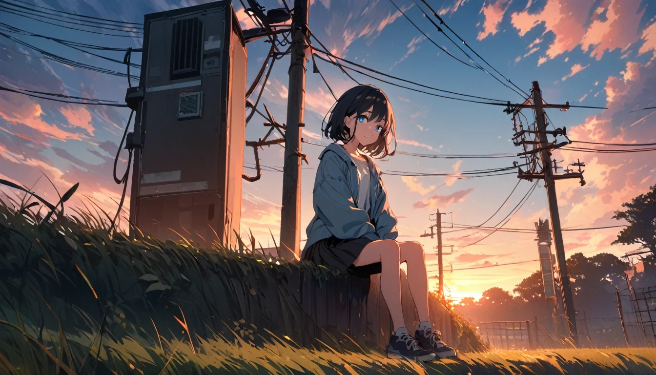 solo,1girl, solo, gentle smile on her face flat chest, short hair, black hair, blue eyes, (detailed eyes), looking at viewer ,outdoors, grass, sky, scenery, cloud, solo, sitting, power lines, tree, sunset, utility pole, skirt, shoes, cloudy sky, long sleeves, blue sky, fence, wide shot, day, young adult woman