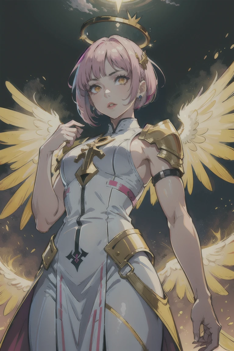 1girl, from below, looking at viewer, halo, mature, white priest outfit, pink hair, shoulder armor, muscular, glowing yellow eyes, lips, angel wings, glowing wings, straight bob, solo, make up, gold embroidery