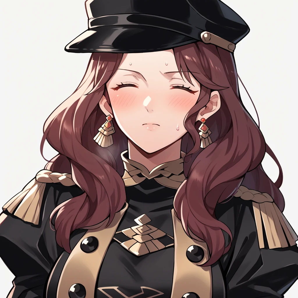 score_9, score_8_up, score_7_up, source_anime, Dorothea (Fire Emblem), bust shot, close-up, black headwear, (black long-sleeve uniform), brown hair, dangle earrings, gold trim, closed eyes, jewelry, large breasts, long hair, black peaked cap, black hat, look at the viewer, aroused facial expression, closed mouth, blush, sweat