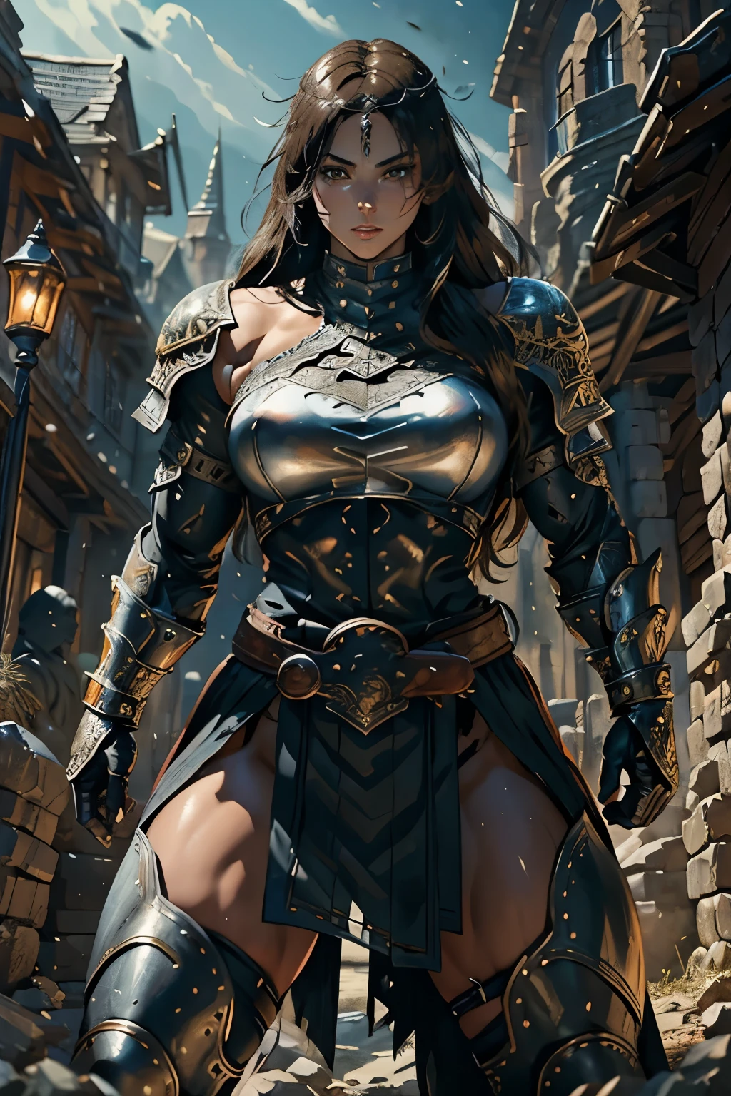 muscular female warrior, in detailed intricate medieval armor, wielding an ornate sword and shield, dynamic action pose, highly detailed, cinematic lighting, epic fantasy, rich colors, dramatic atmosphere, young, blond