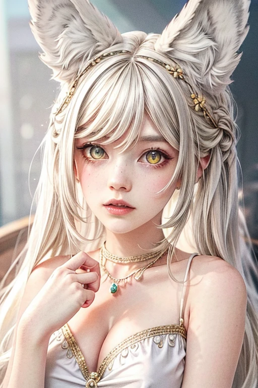 A young girl with white hair, animal ears, and a white fluffy tail, her yellow eyes looking slightly embarrassed, wearing a hairpin, (best quality,4k,8k,highres,masterpiece:1.2),ultra-detailed,highly detailed facial features,extremely detailed eyes and face,longeyelashes,beautiful detailed eyes,beautiful detailed lips,1girl,fantasy,cute,whimsical,soft lighting,pastel colors,warm color palette, (yellow eyes:1.4)