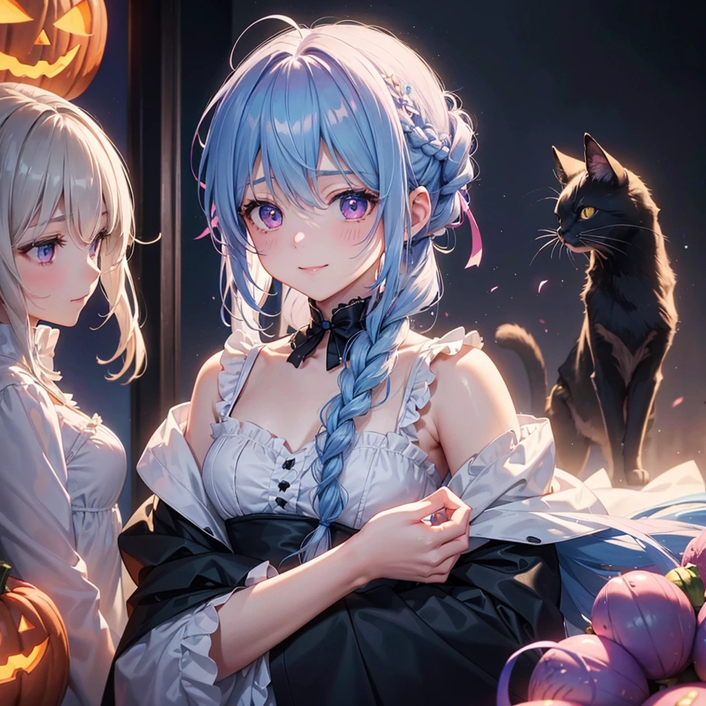 (Light blue medium hair),(Braided hair tied together)、Pink eyes、Fair skin、cowboy shot、Halloween、The background is a pumpkin ghost、Trick or Treat、A lot of sweets、Black cat、Wizard、Candy、Cosplay、A surprising smile、A dignified figure、solo、(masterpiece、Highest quality、Very detailed、Best Shadow)、(Detailed Background)、(Beautifully detailed face)、High contrast、(Best lighting、Very delicate and beautiful)、(Cinematic Light)、colorful、Hyper Detail、Dramatic Light、Exquisite detail、