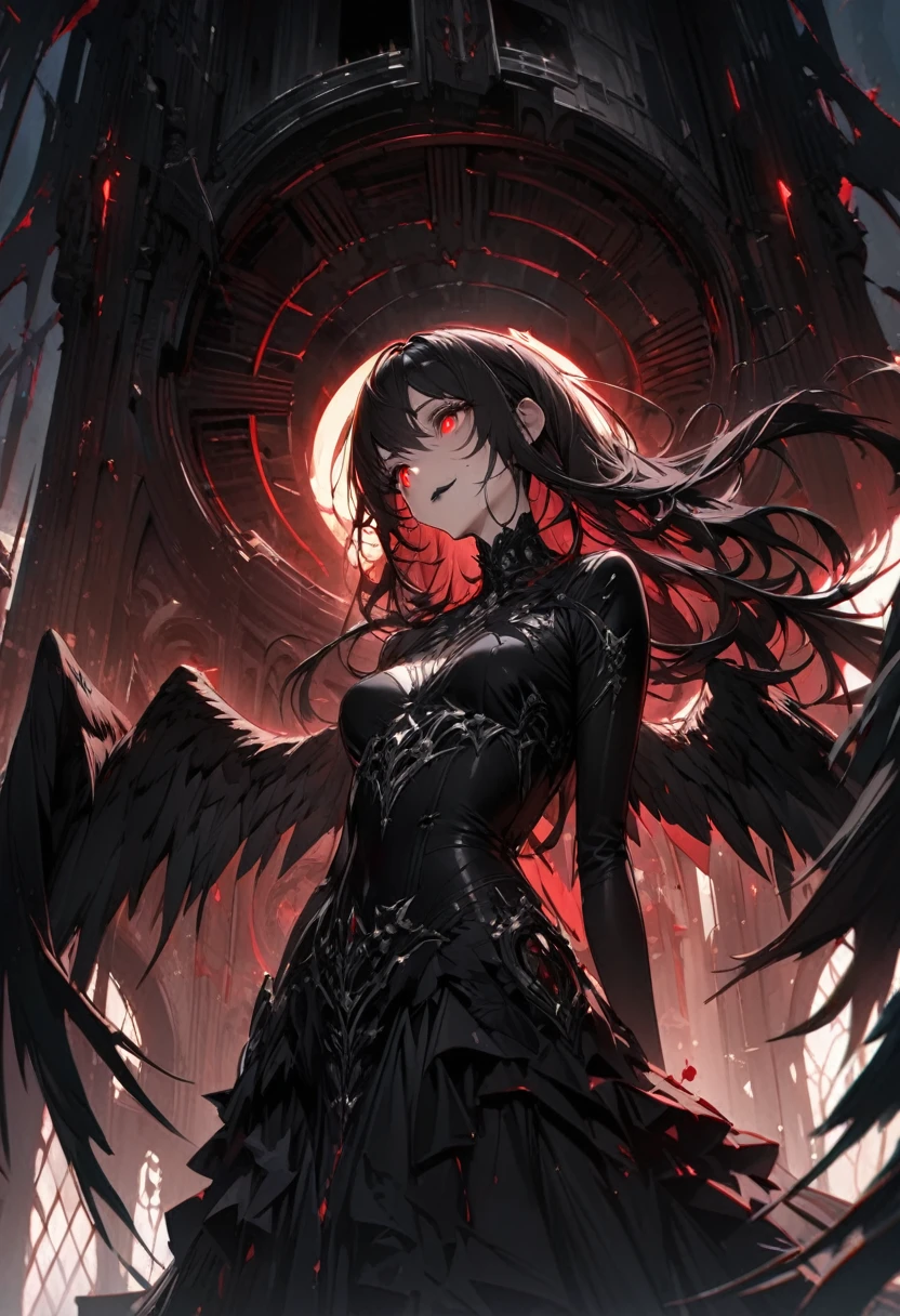 Ultra detailed, highres, absurdres, HDR, Lilith, black long hair, grey eyes, red lips, Grand Blue Fantasy, black fallen angel wings, black feathers, 1 woman only, extremely beautiful, black dress with patterns, golden chains