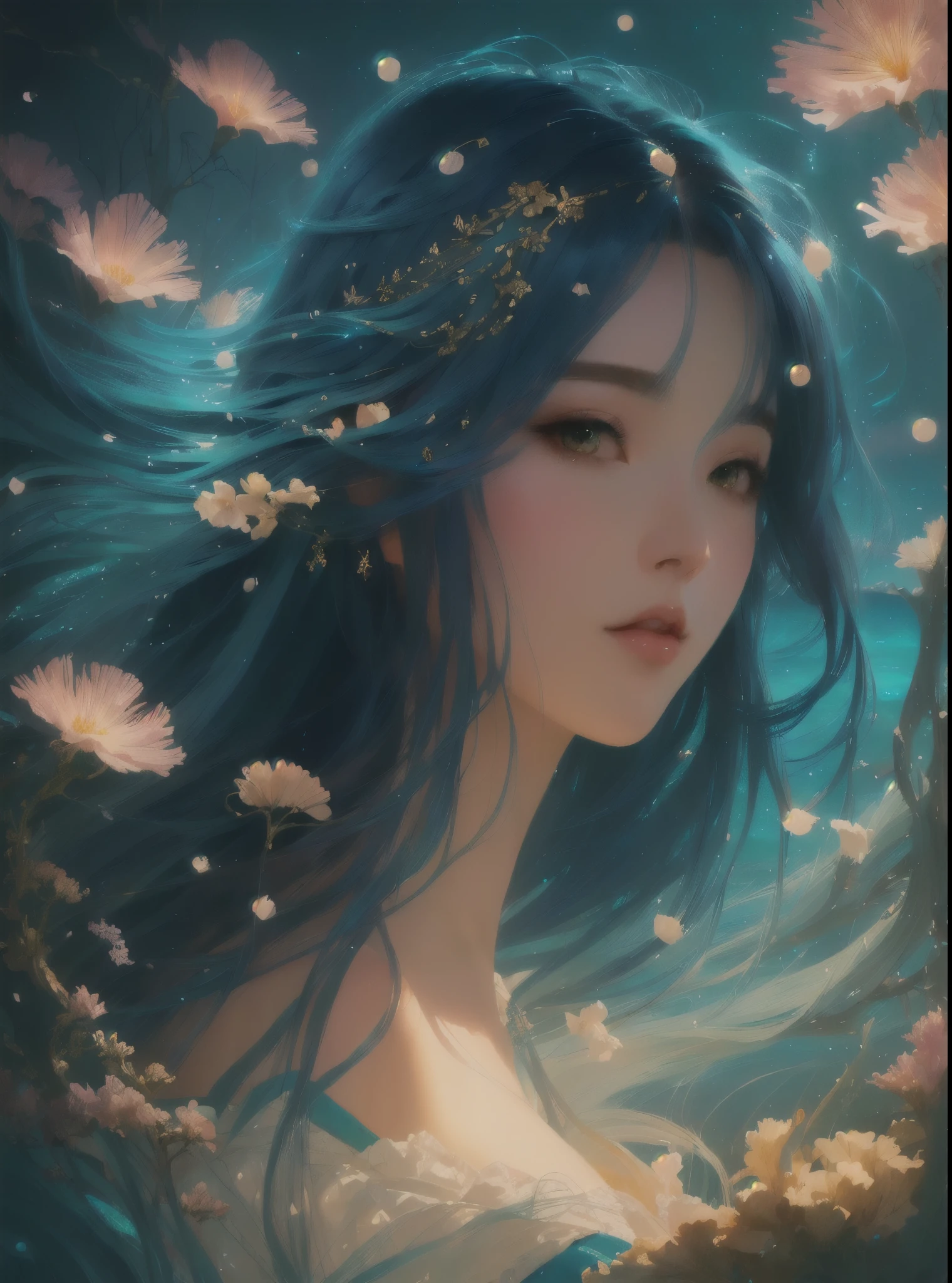 a painting of a woman with long hair, enchanting sea, mythical ocean, dreamlike home, beautiful fantasy art portrait, alice x. zhang, beautiful art uhd 4 k, digital fantasy portrait, dreamlike digital painting, artgerm julie bell beeple, a beautiful artwork illustration