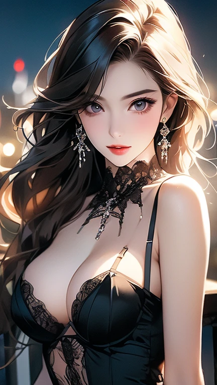 (masterpiece:1.2), (Highest quality:1.2), Perfect Eyes, Perfect Face, (night),, (Exposing breasts), Upper Body, close, Brown eyes, (Medium chest), Firm breasts, elaborate lingerie,  