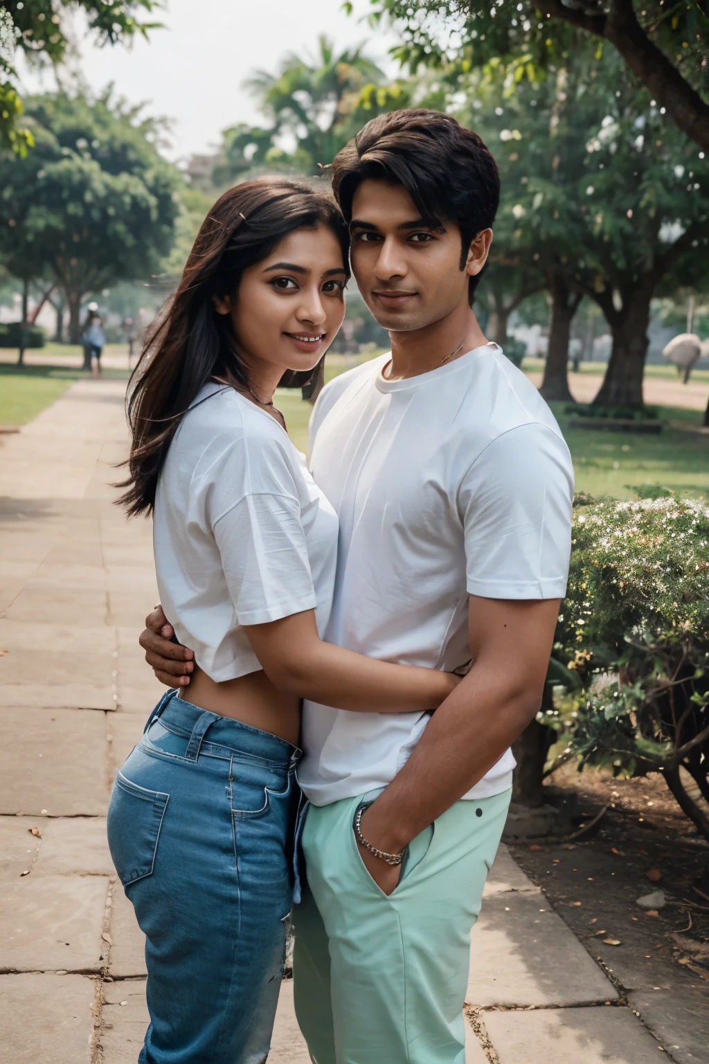 In realistic indian 21-Year-old cute Couple hugging on swiny with park on a smile. Boy Wearing Mix color full shirt full pant with Nike shoes with 1 white parrot, and seting on boy top Shirt and girl wearing Mix color big pent with white Sandals with, with smart phone, he looks ahead. The ba kground park bold features "RAHUL & SNEHA" in big and capital black fonts on the many tree. and there are many birds to make it appear as if he is an.ultra details, hyperrealist, 4k