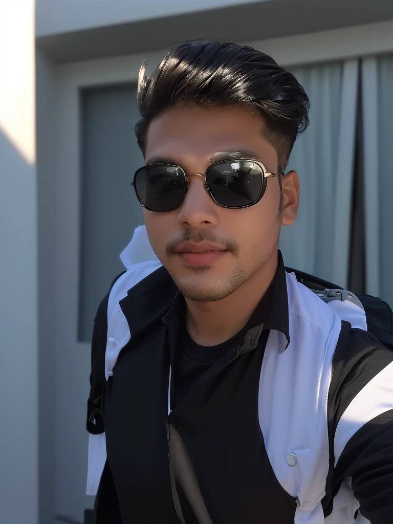 there is a man with a backpack and sunglasses taking a selfie, with accurate face, with sunglass, wearing black sunglasses, with lovely look, portait photo profile picture,  profile picture, very very low quality picture, with sunglasses, without helmet, ayan nag, jayison devadas style, shot on nikon z9, in style of col price, black t shirt, change background 