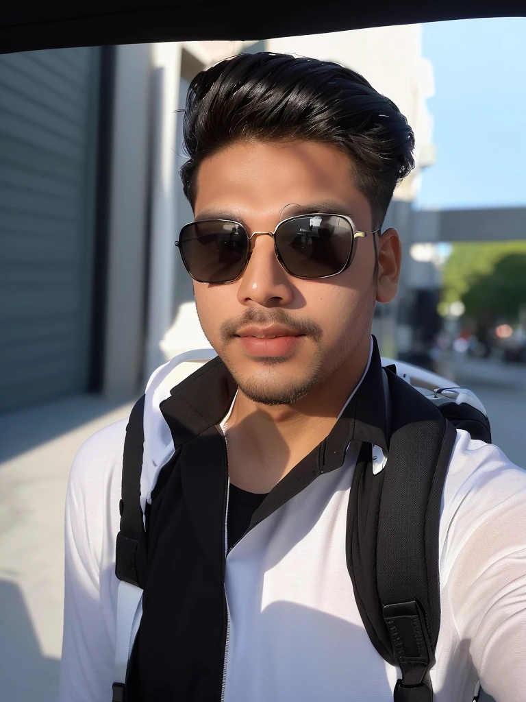 there is a man with a backpack and sunglasses taking a selfie, with accurate face, with sunglass, wearing black sunglasses, with lovely look, portait photo profile picture, profile picture, very very low quality picture, with sunglasses, without helmet, ayan nag, jayison devadas style, shot on nikon z9, in style of col price, black t shirt, change background