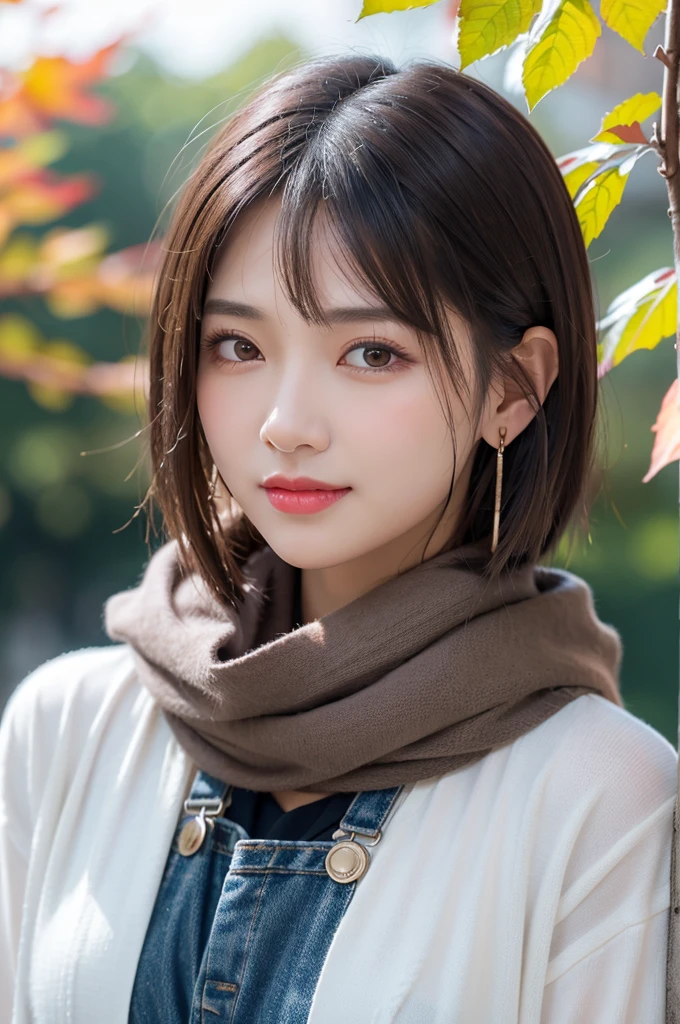 (RAW Photos), (((Overall image)))、３５age、Thick red sweater、White scarf around neck、Long thin earrings、Round eyes、Cheek on ear、correct、make、smile、Biting the lower lip、（((Close one eye and wink)))、Soft lips、誘惑的なsmile、Sparkle、Darker lipstick、Cheek on nose、(Autumn leaves)、((Watery eyes))、Asymmetrical Hair、Real Skin、Blonde Hair、Very realistic,Gray Hair、Messy Hair、Hair behind the ear、Floating Hair、short hair、Boyish Hair、Blunt bangs、Drop Shadow、Hyperrealism、Contemporary Art、shine、reflected light、Nikon、Ultra Wide Angle、16K、Super detailed、最high quality、uhd、Anatomically correct、Awards、最high quality、Ultra high detail、high quality、High resolution、Textured skin、correct、masterpiece、