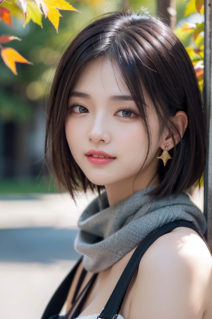 (RAW Photos), (((Overall image)))、３５age、Thick red sweater、White scarf around neck、Long thin earrings、Round eyes、Cheek on ear、correct、make、smile、Biting the lower lip、（((Close one eye and wink)))、Soft lips、誘惑的なsmile、Sparkle、Darker lipstick、Cheek on nose、(Autumn leaves)、((Watery eyes))、Asymmetrical Hair、Real Skin、Blonde Hair、Very realistic,Gray Hair、Messy Hair、Hair behind the ear、Floating Hair、short hair、Boyish Hair、Blunt bangs、Drop Shadow、Hyperrealism、Contemporary Art、shine、reflected light、Nikon、Ultra Wide Angle、16K、Super detailed、最high quality、uhd、Anatomically correct、Awards、最high quality、Ultra high detail、high quality、High resolution、Textured skin、correct、masterpiece、