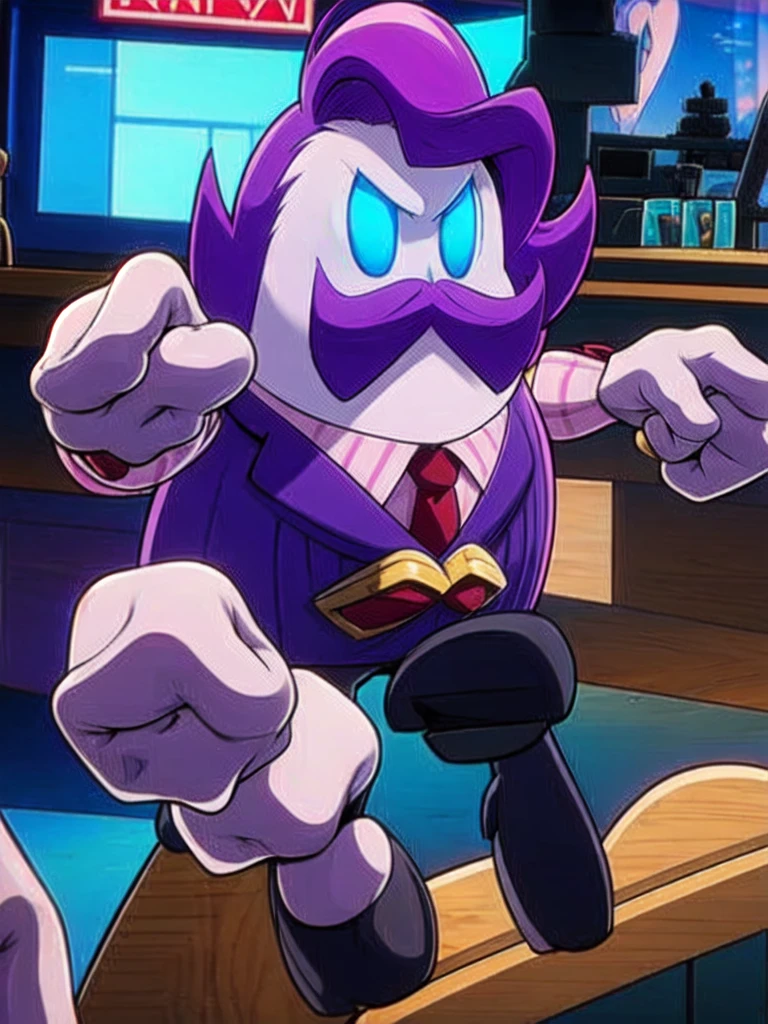  haltmann, purple hair, purple mustache, arms, wearing a dark blue suit with pink vertical lining, pink shirt, red tie, black shoes, gold suit button with a red diamond, pale purple gloves, pink cuffs, pale purple skin, blue eyes, golden earpiece with antenna