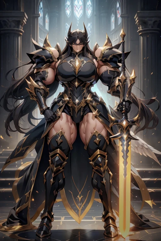 (((Massive beautiful, buff, light brown skinned muscular female saint knight with black hair, black lipstick, ginormous bulky muscles, carrying a giant sword and wearing a black Saint Seiya Gemini Armor))), ((close-up view)), large breast, massive muscles, massive biceps, hyper muscle shoulders, hyper muscle triceps, (long straight hair), orange eyes, (Paladin boots), (angel metal armor), breastplate, (angel gauntlets), (holy Shoulder armor), closed smile, (in a heavenly castle), Vascular arms, hyper muscles arms, hyper muscle legs, massive buff arms.