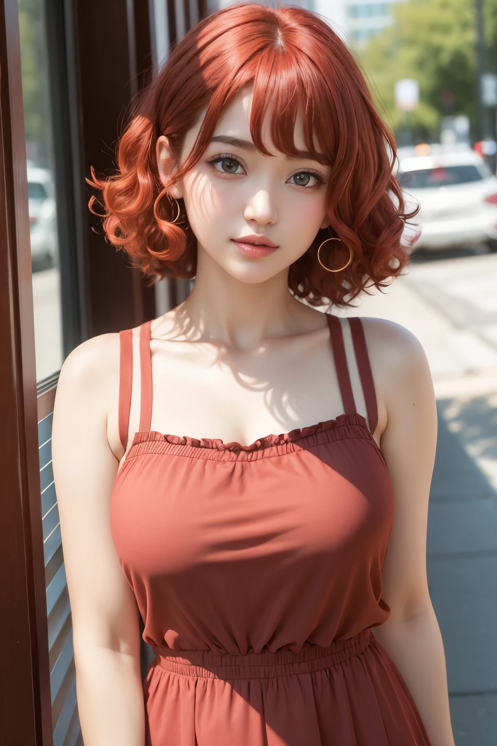 1 girl, star eye, blush, perfect lighting, short and curly red hair, Eyes red, engine unreal, side lighting, face detailed, curly bangs , shining skin, simple background, colorful clothes