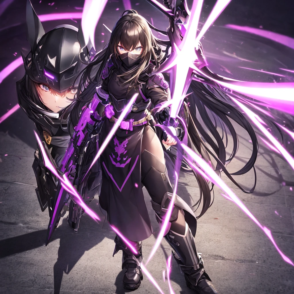 Digital Anime Art, HD, Female, face covered by shadows, muscular, black helm, black heavy combat uniform, combat boots, holding an purple energy sword, standing in  a sci fi nightclub