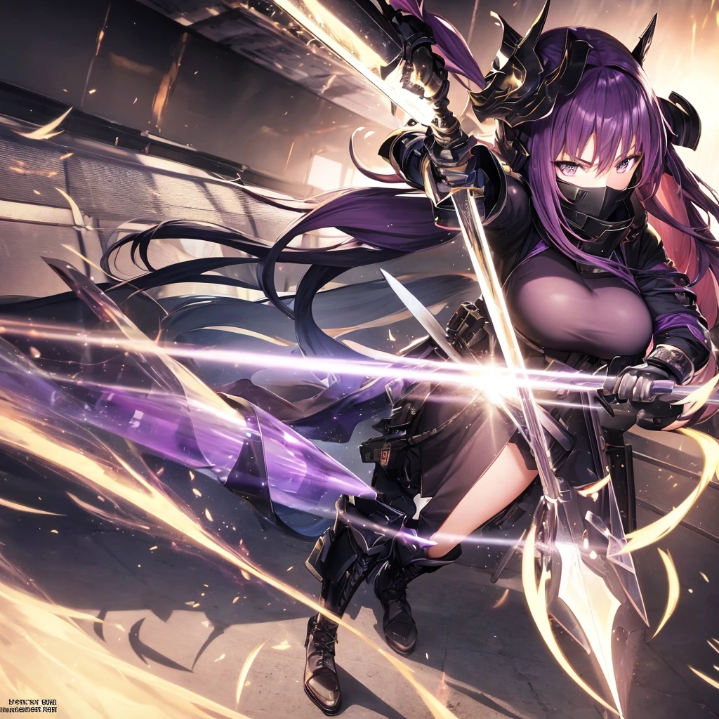 Digital Anime Art, HD, Female, face covered by shadows, muscular, black helm, black heavy combat uniform, combat boots, holding an purple energy sword, standing in  a sci fi nightclub