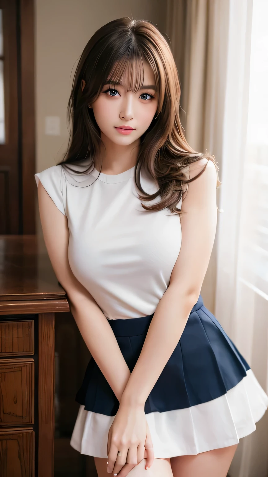 (((32ｋ,Attention to detail,High resolution、masterpiece,Attention to detail,Ezvian everywhere,alone))),RAW Photos & Realistic atmosphere,美しい dark blue eyes,Mouth Details,Glossy Lips,Thin eyebrows,Soft white skin that shines in every detail、Detailed eyes、((Highest quality))Girl with the perfect face，Brown Hair，Highest quality， masterpiece， uniform，Genuine，White skin，Japanese，skirt，Thighs，Absolute area, Knee-high socks,(Looking into the camera：1.4）,（sexly,Healthy and toned body,Medium sized, well-shaped breasts,,,Mature Body, I&#39;m so anxious I feel like crying,Watery eye,Cold Smile,glare,glare顔も美しい,High resolutionアーム,,High resolutionフィンガー,：1.5）