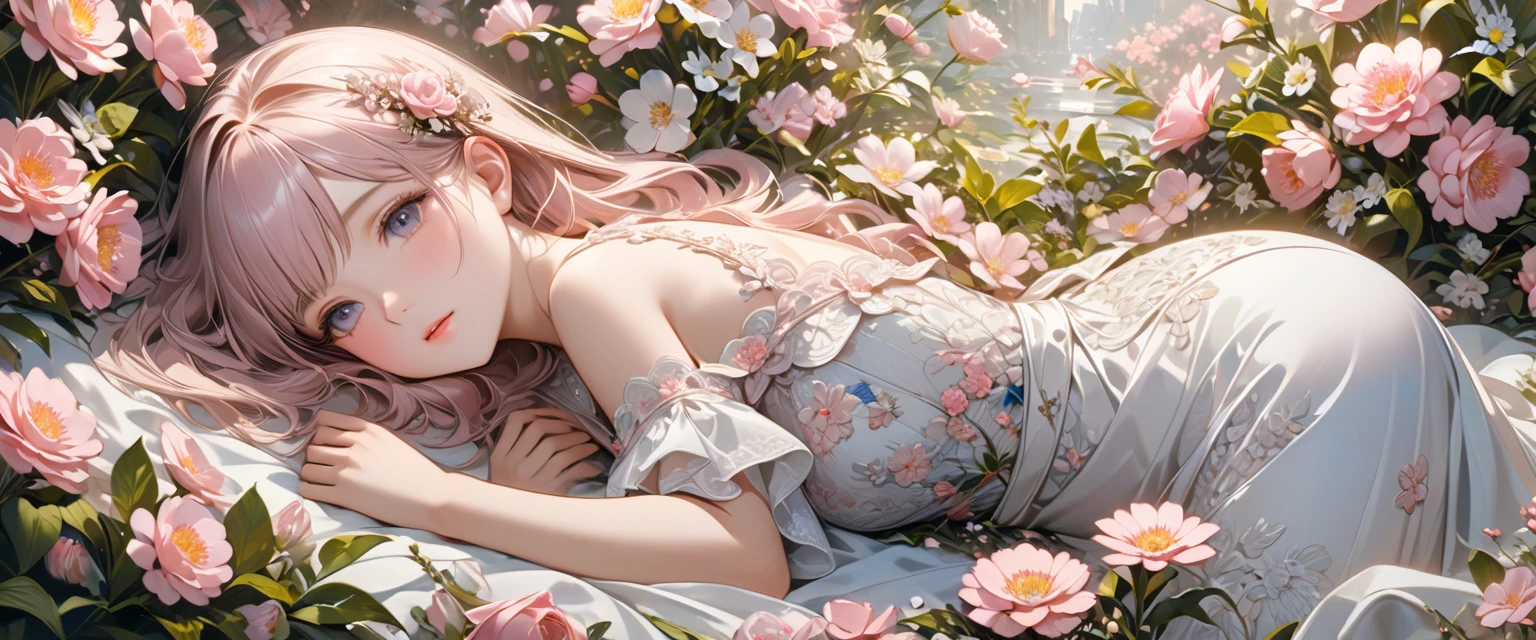 Charming girl lying among flowers. Extremely delicate texture. Clear detailed and accurate anatomy. Beautiful detailed and elegant lighter color depiction. Fine.(淺light pink flower)light pink flower(Lay flat)Flowers are smaller and super detailed art,Amazing painting art,
Super high quality works of art masters, masterpiece, , Super detailed, best quality.Detailed and exquisite real photos