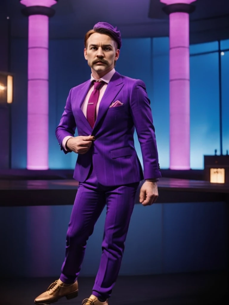  haltmann, purple hair, purple mustache, arms, wearing a dark blue suit with pink vertical lining, pink shirt, red tie, black shoes, gold suit button with a red diamond, pale purple gloves, pink cuffs, pale purple skin, blue eyes, golden earpiece with antenna