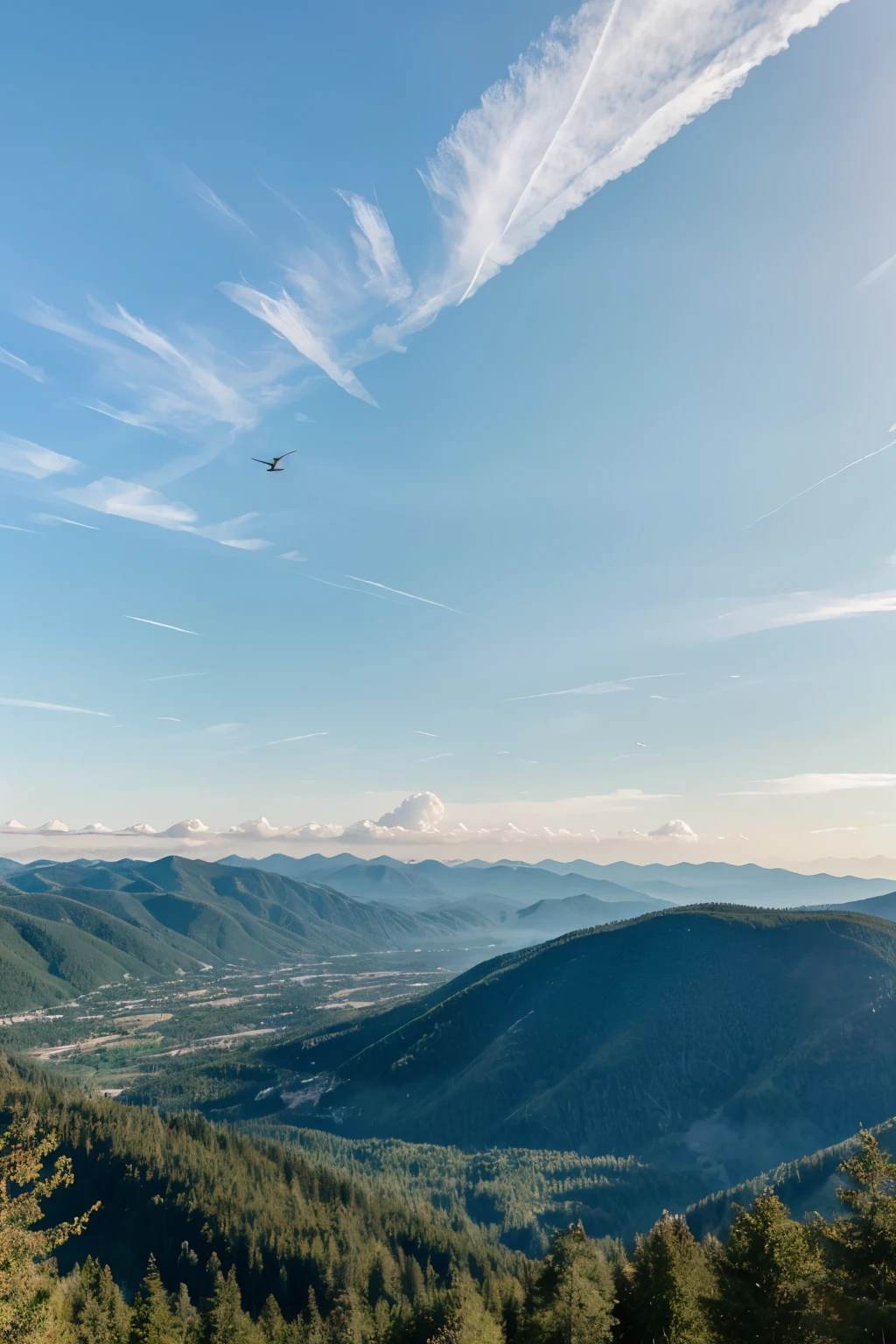 A beautiful view of forested mountains, with a plain sky and birds flying in the distance.